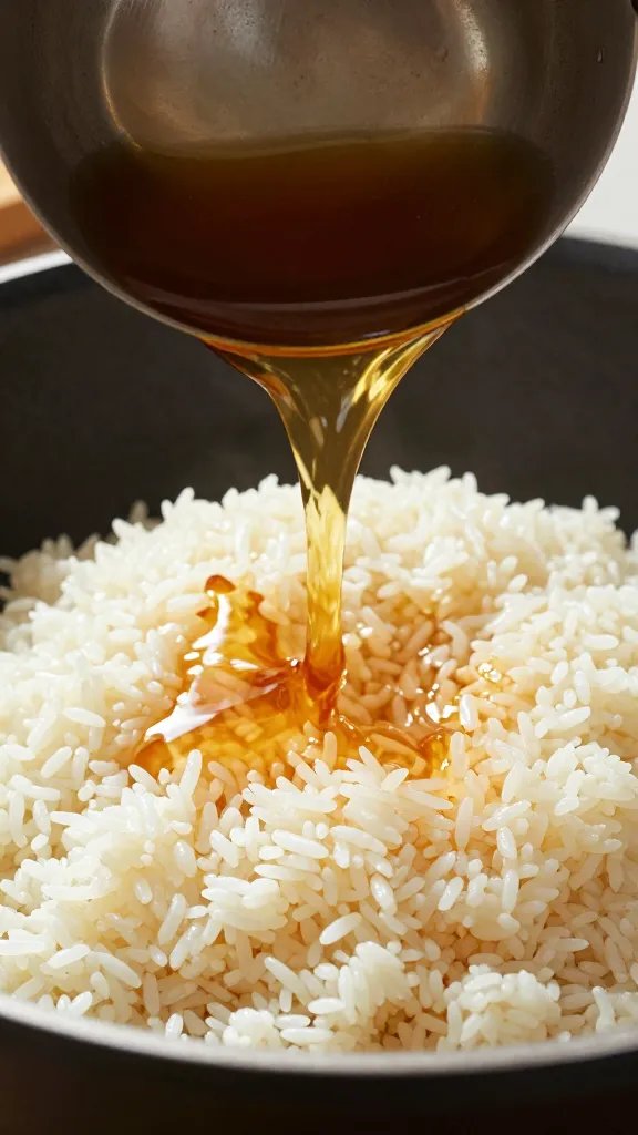 ladle pouring full braising liquid onto steamed rice