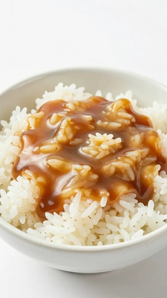 single ceramic bowl of rice flooded with soy gravy