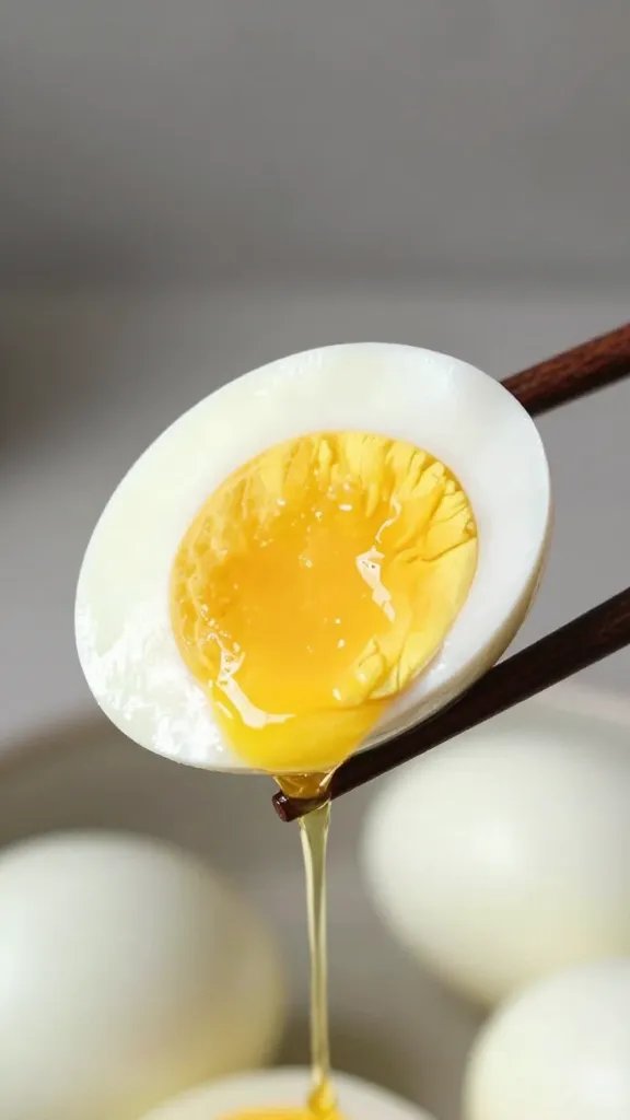 chopsticks holding halved soy-braised egg, yolk oozing