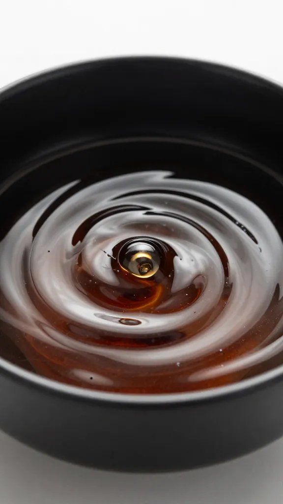 glossy braising liquid ripples in black lacquer bowl
