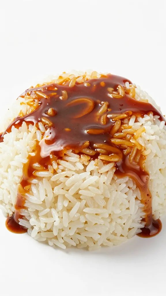 single steamed rice mound stained with soy braise