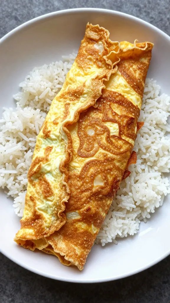 crispy frilly-edged Thai omelet on steamed rice, overhead
