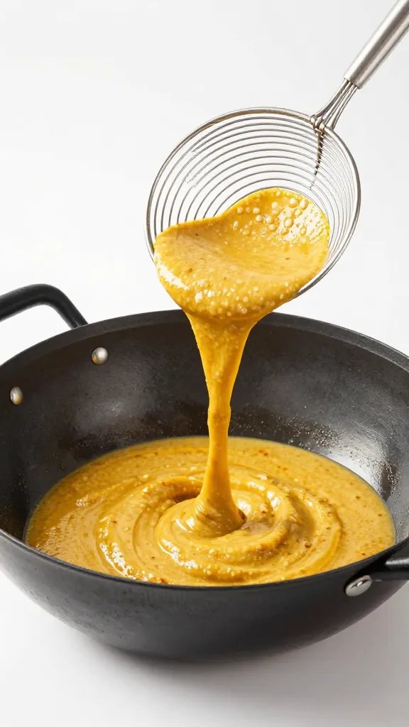 golden Thai kai jiew lifted from wok with wire skimmer