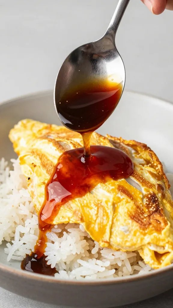 spoon drizzling fish sauce onto Thai omelet over rice