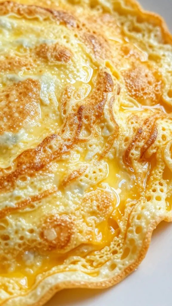 Thai omelet’s lacy edge, macro shot with glistening oil