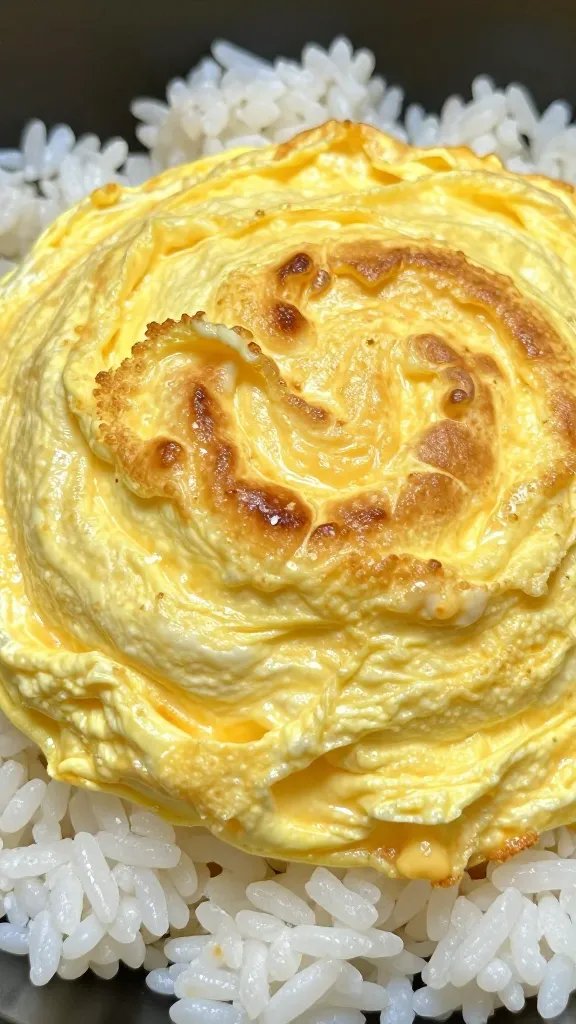 fluffy custardy omelet center on rice, tight closeup