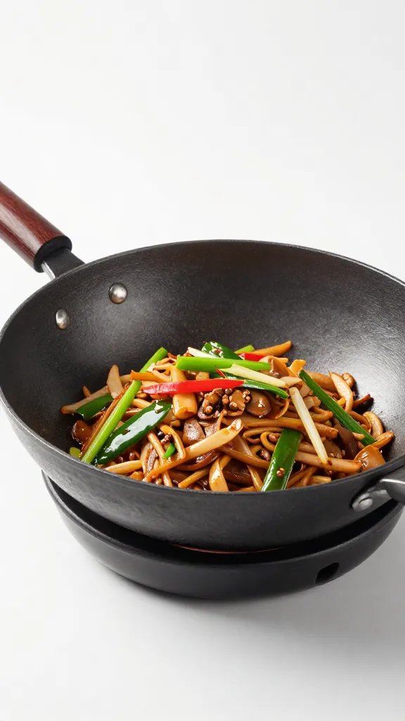 sizzling Thai kai jiew in carbon steel wok, side angle