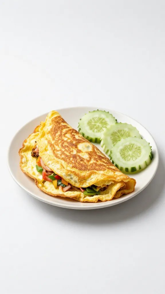 single plate Thai omelet with sliced cucumbers, minimal backdrop