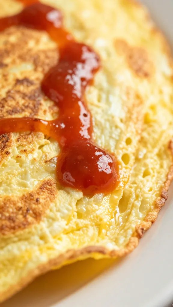 chili sauce dot on crispy omelet corner, macro detail