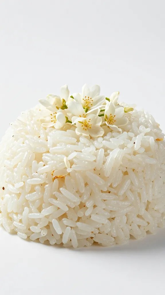 steamed jasmine rice mound topped with kai jiew, studio lighting