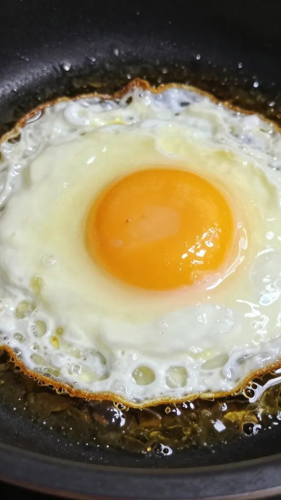 closeup crispy-edged fried egg in sizzling oil
