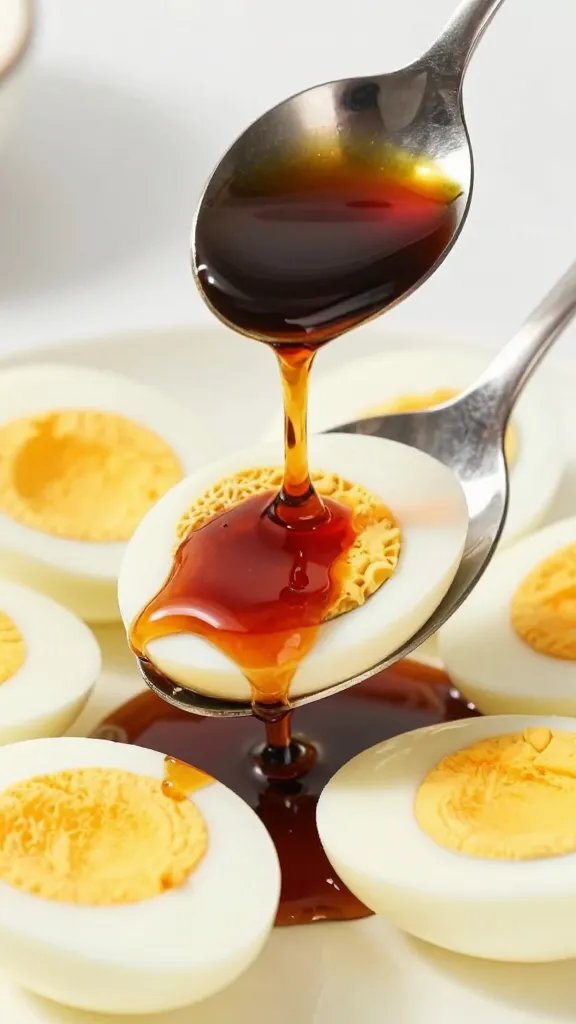 spoon drizzling fish sauce over lacy egg edges