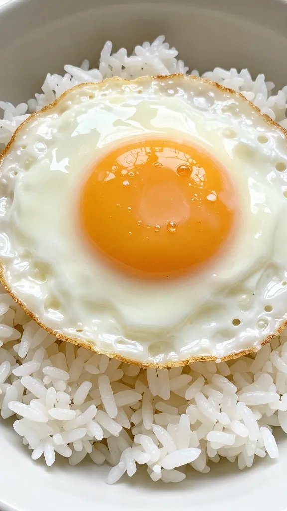 fried egg on jasmine rice, glossy sauce sheen