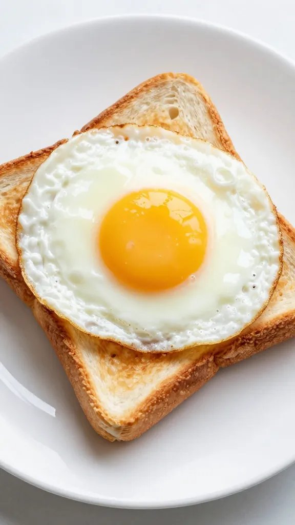 fried egg atop toasted bánh mì, crisp halo