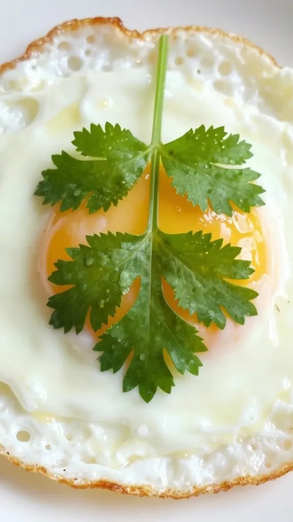 cilantro sprig on sauced fried egg, macro shot