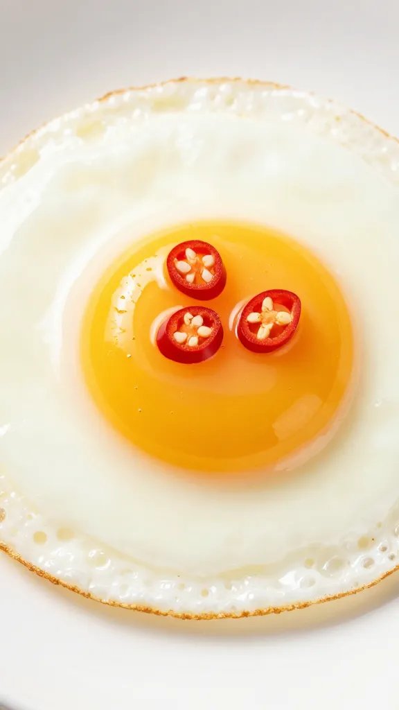 red chili slices on glossy fried egg center