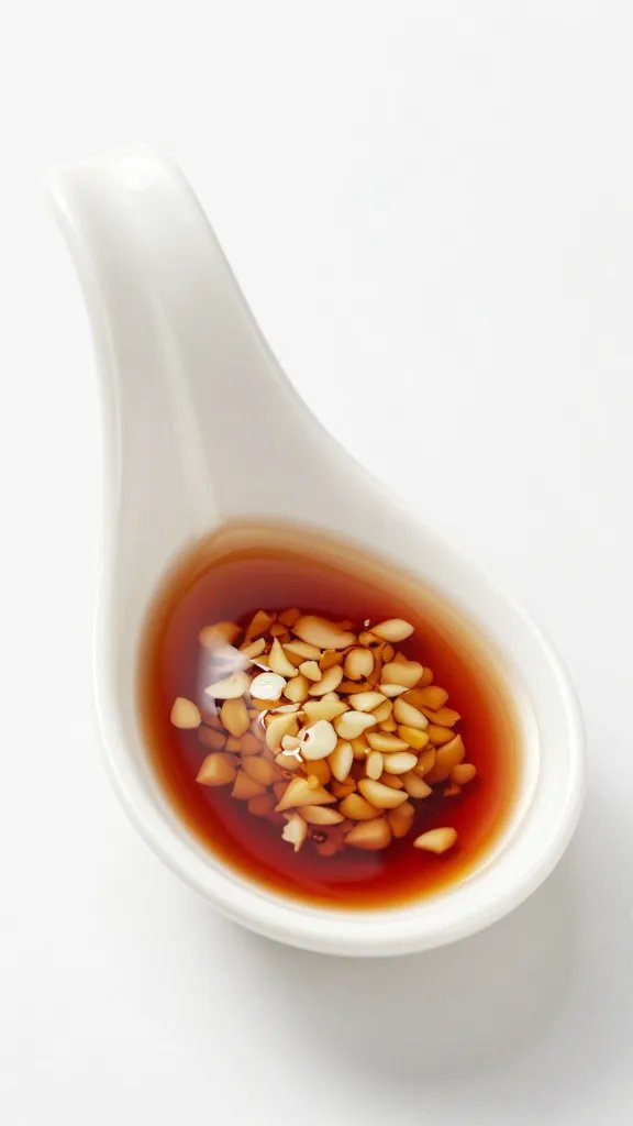 fish sauce garlic dressing in small porcelain spoon
