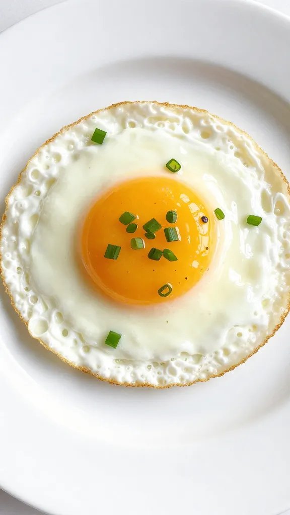 fried egg with scallion garnish on white plate