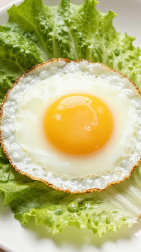fried egg nestled on lettuce leaves, close crop
