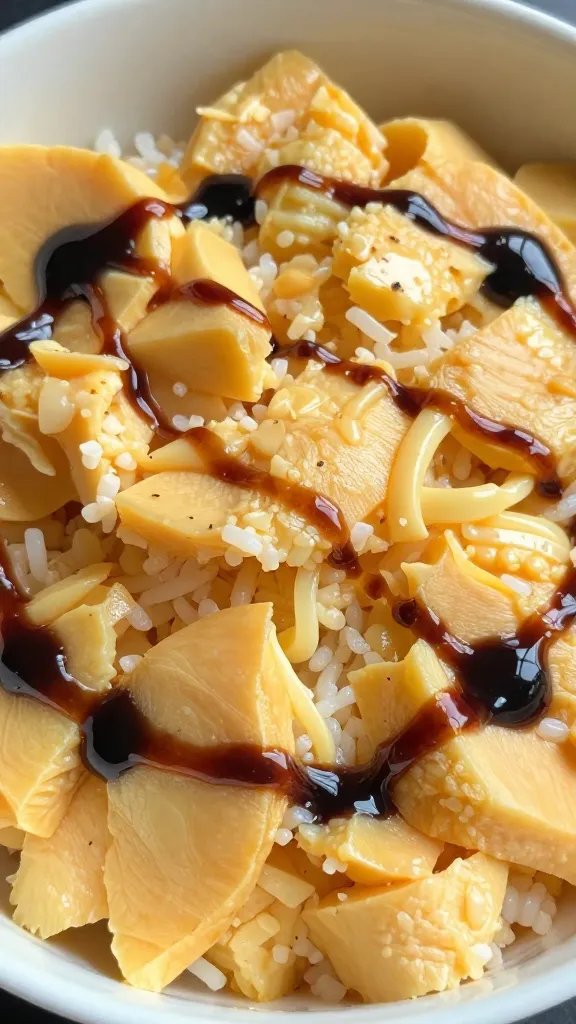 closeup bowl of tamago kake gohan with soy drizzle