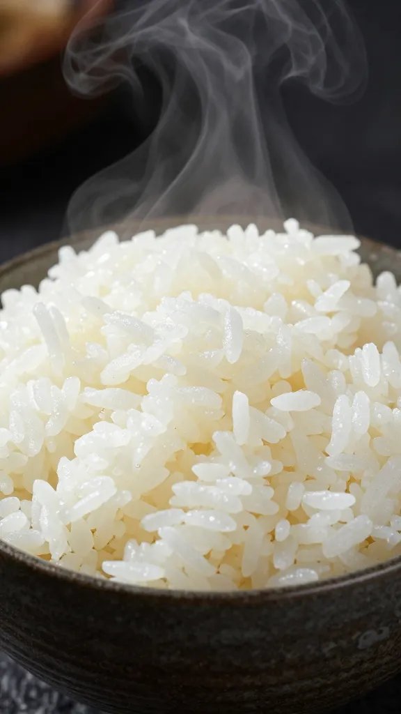 steaming white rice in donburi bowl, visible vapor