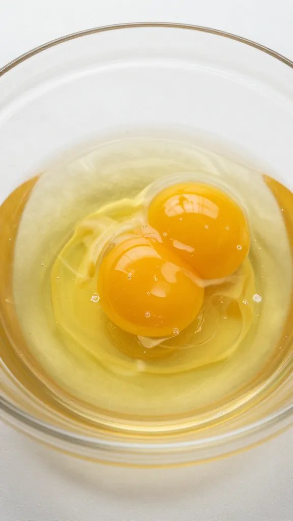 whisked raw egg in glass bowl, glossy surface