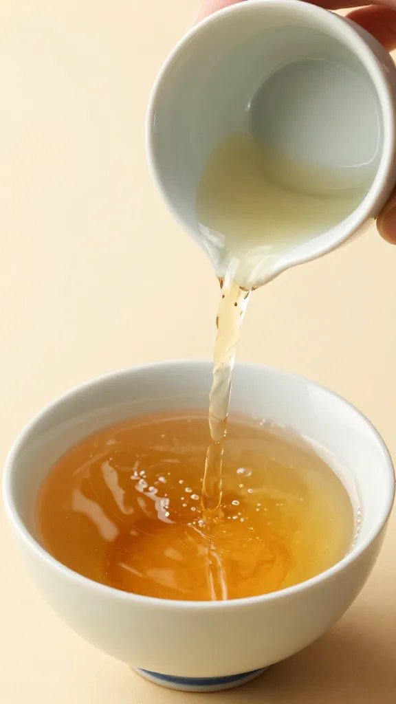 pouring dashi from small spouted cup, mid-stream
