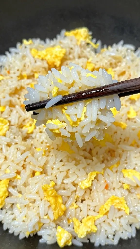 chopsticks stirring eggy rice, creamy strands visible