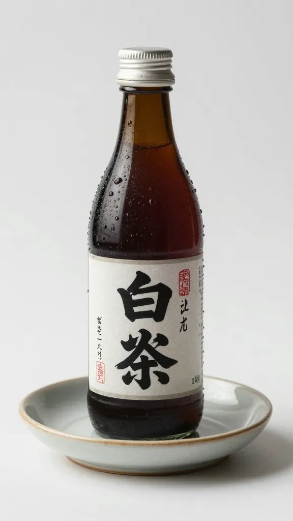 single shoyu bottle with drips on ceramic saucer