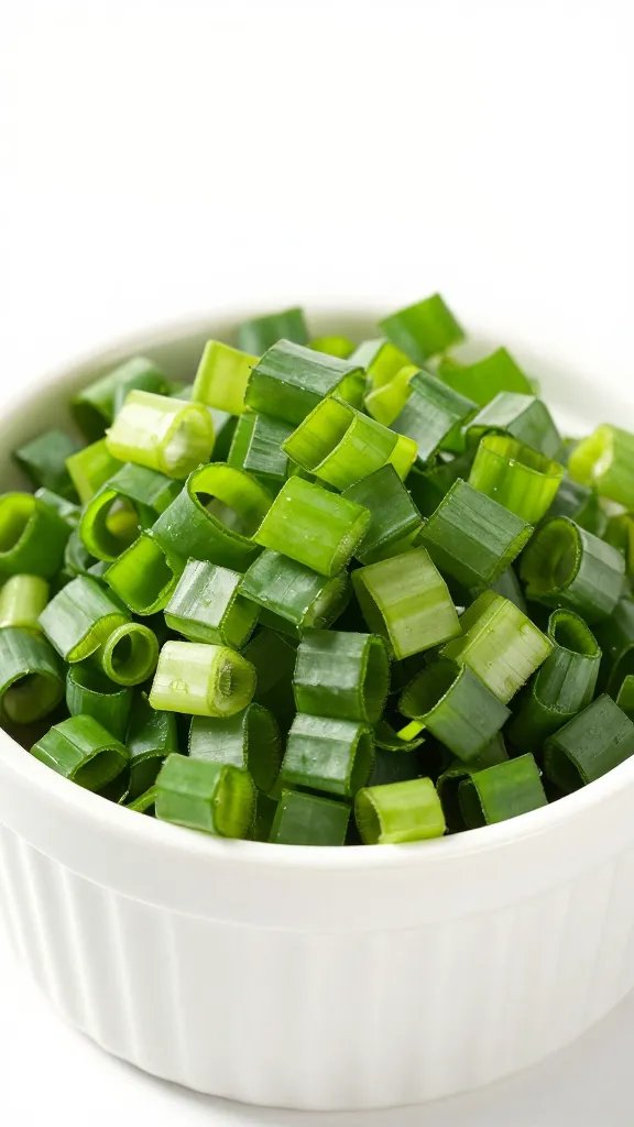finely sliced scallions on white ramekin, fresh sheen