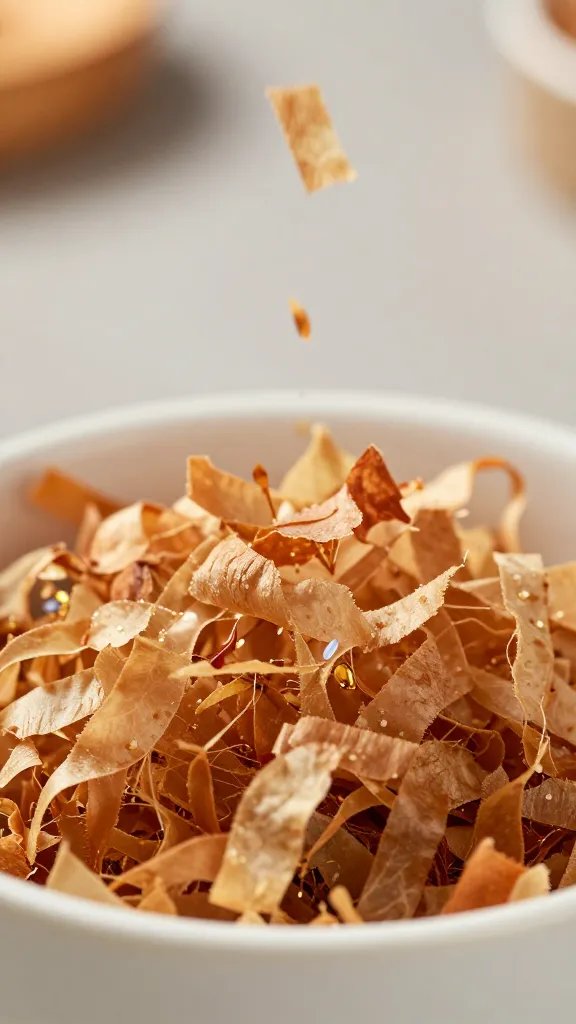 katsuobushi flakes in shallow bowl, feathery motion