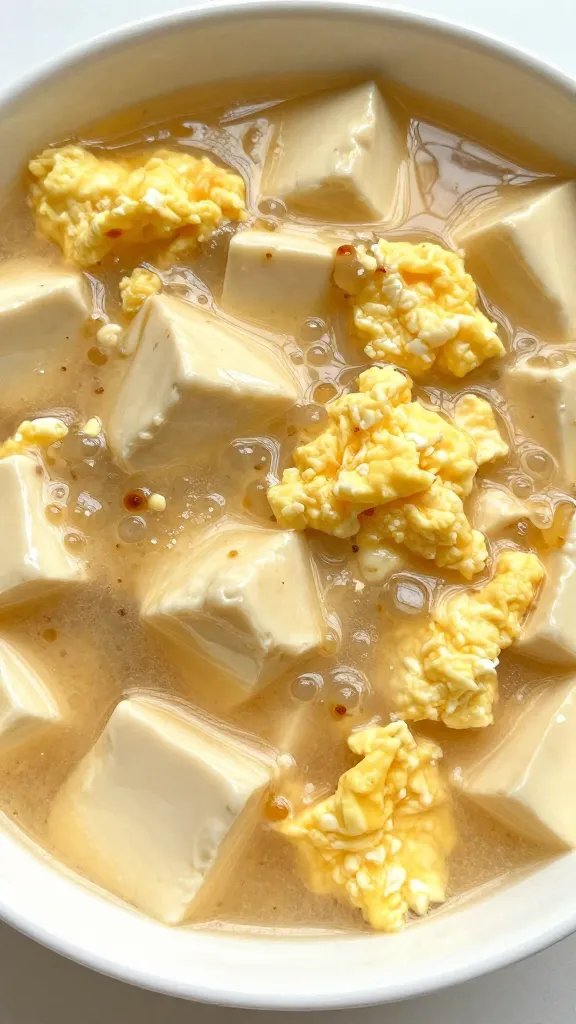 closeup bowl of mapo tofu with silky scrambled eggs
