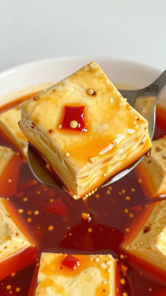 spoon lifting custardy egg-coated tofu in red chili oil