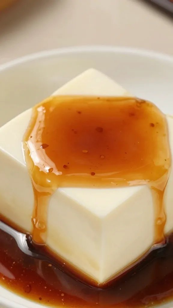 single cube of silken tofu glazed with doubanjiang sauce