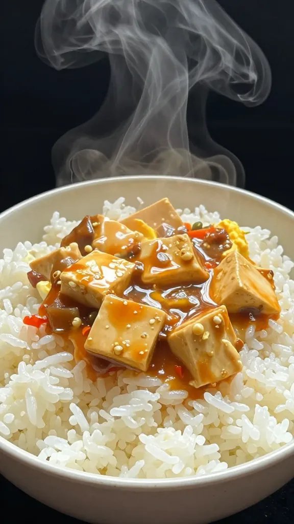 steaming white rice topped with mapo tofu and egg
