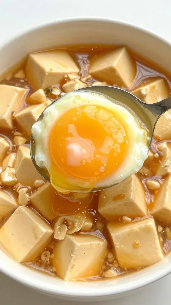 single ladle of mapo tofu sauce over eggs