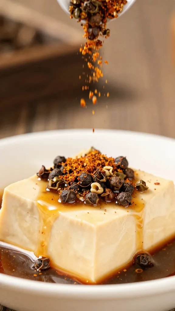 Sichuan peppercorns dusting a tofu cube in sauce
