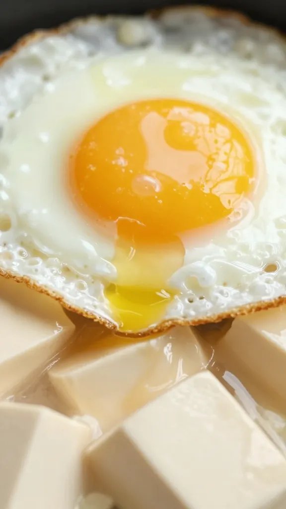fried egg yolk broken into mapo tofu closeup