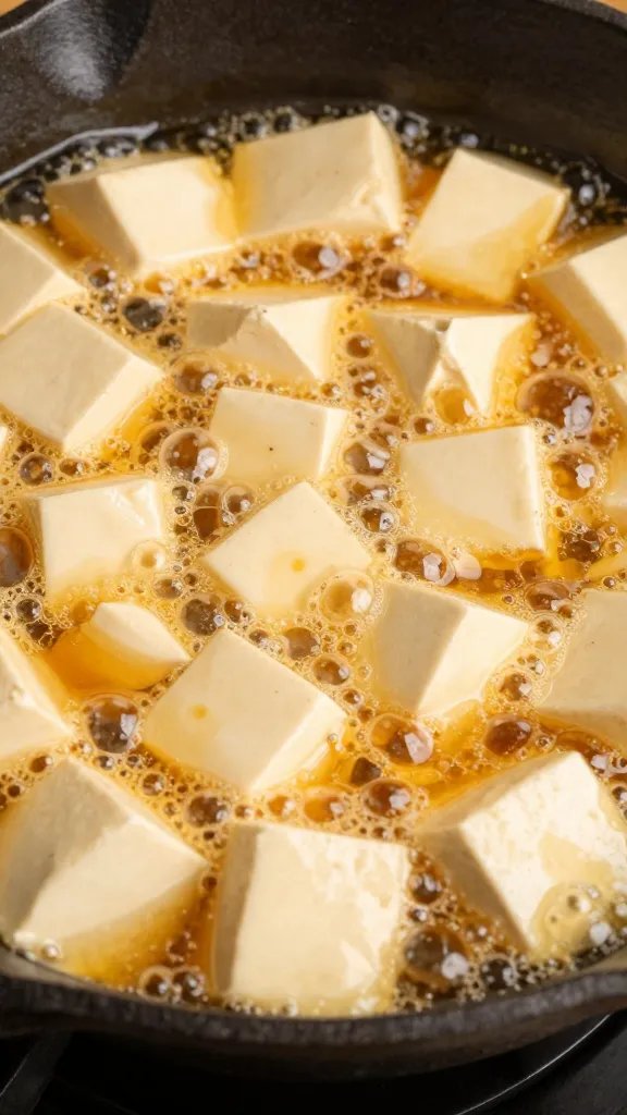 closeup of bubbling mapo tofu in cast-iron skillet
