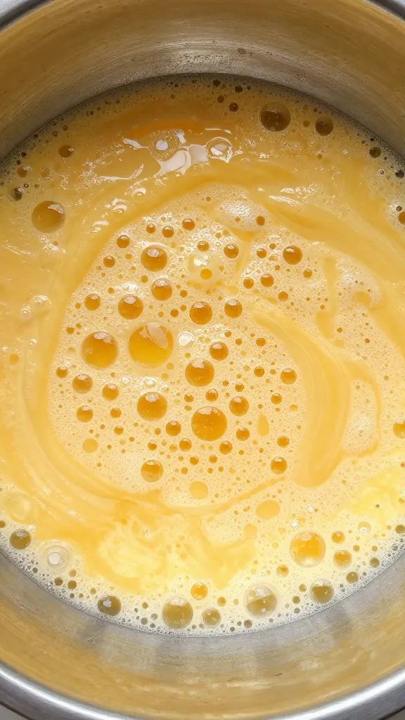 whisked egg mixture in stainless bowl with visible bubbles, macro