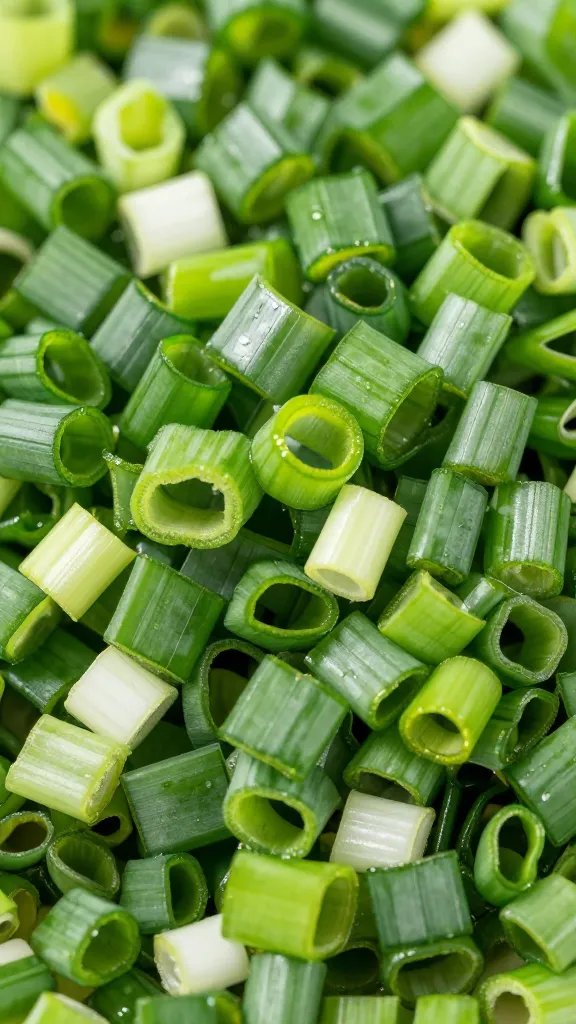 closeup of chopped scallions on gyeran jjim, glossy surface