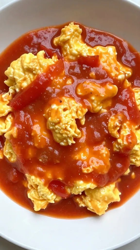 glossy scrambled eggs with tomato sauce, overhead