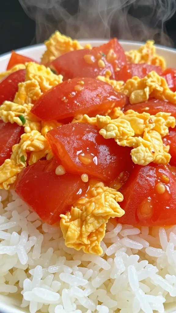 steaming tomato egg stir-fry on white rice, closeup