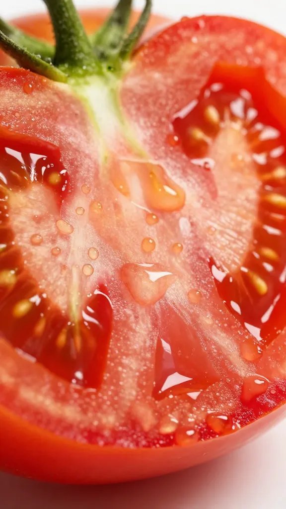 ripe heirloom tomato wedge, juice beading, macro