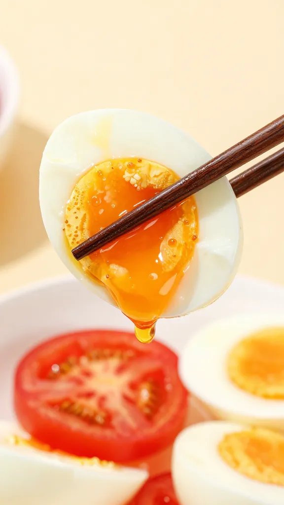 chopsticks lifting tomato-coated egg, shallow depth