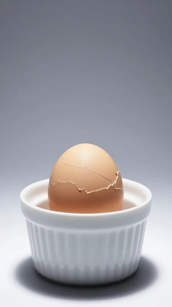single cracked egg in porcelain ramekin, studio light