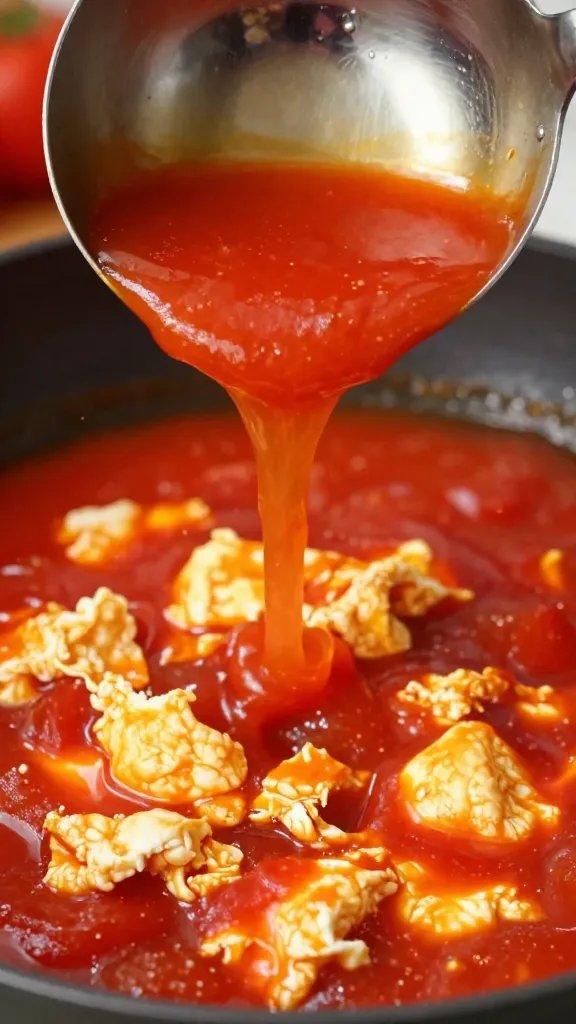 ladle pouring glossy tomato-egg sauce, closeup