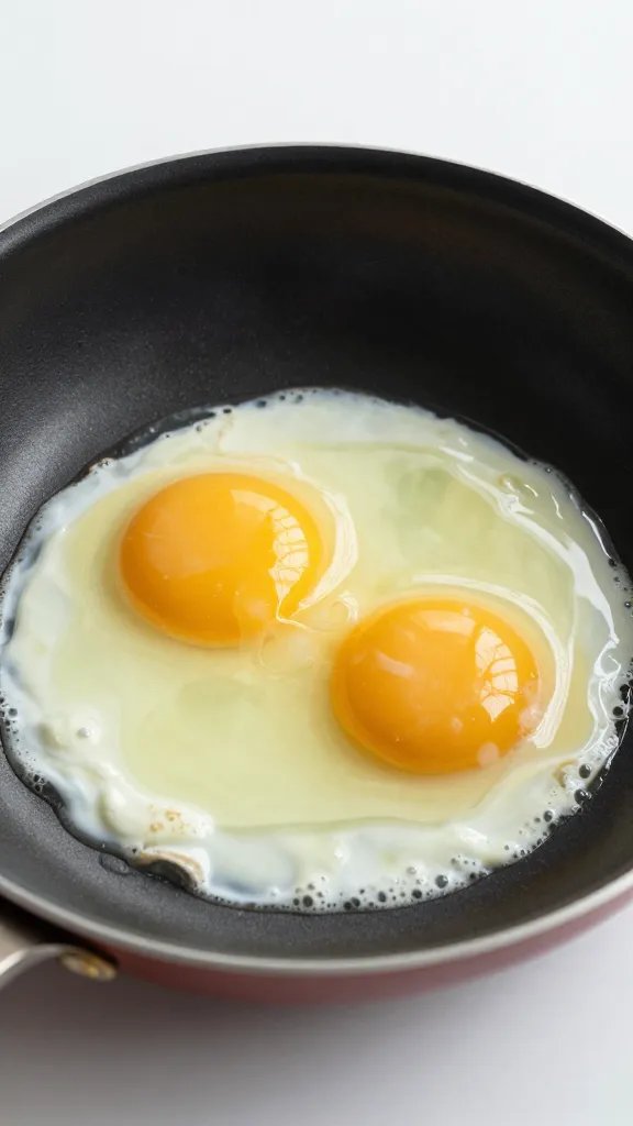 nonstick skillet with soft-set eggs, minimal backdrop