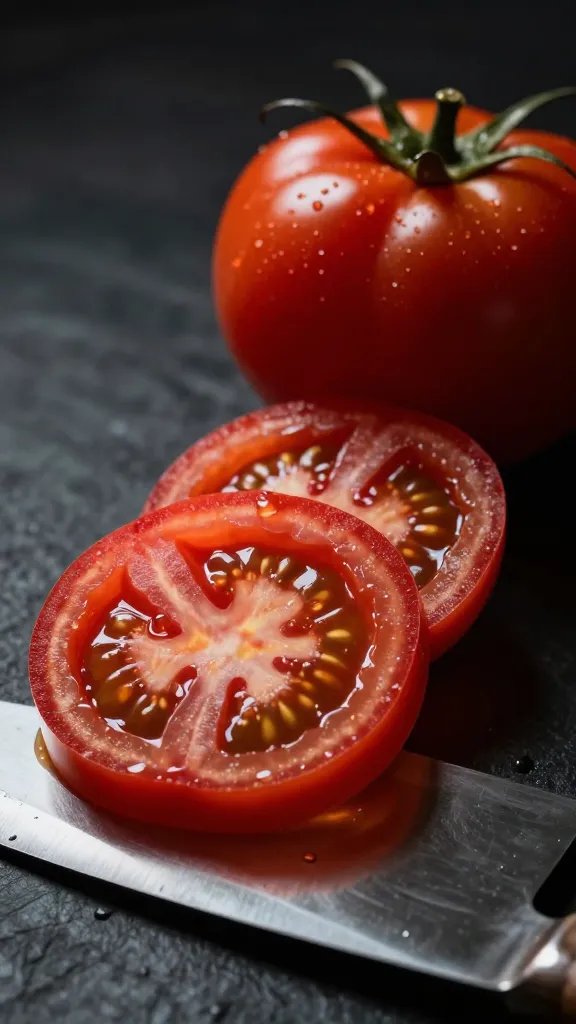 sliced vine tomato on cleaver blade, dramatic lighting