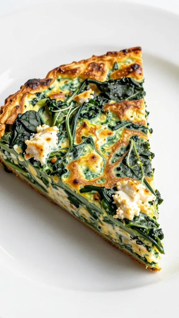 Closeup wedge of spinach-feta frittata on white plate